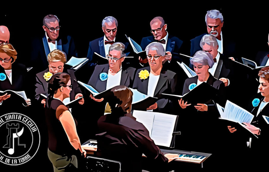 Coral Santa Cecilia - Un grupo coral con cantantes de ambos sexos se presenta en el escenario, mostrando la belleza armoniosa de Musica Coral STAB. Vestidos con atuendo formal y sosteniendo una partitura, están acompañados por un pianista. Un logotipo dice Coral Santa Cecilia Alca de la Torre a la izquierda.